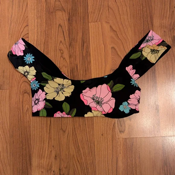 PINK 4 Way Reversible Cap Sleeve Bikini Top in Floral Black, Size Large - Picture 5 of 8